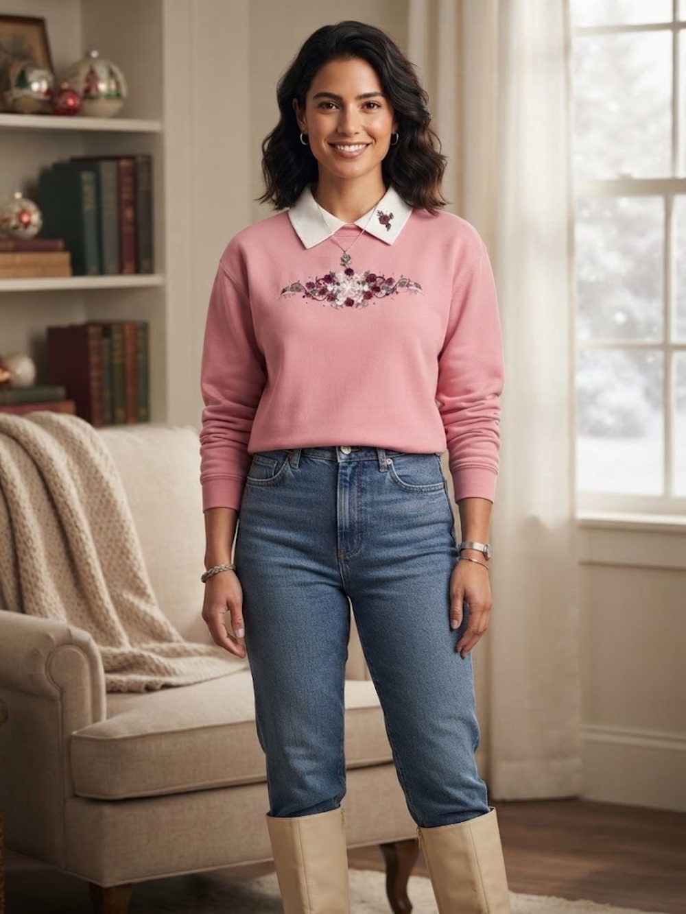 Hasting & Smith Vintage Embroidered Floral Collar Pullover Sweatshirt Cottage S